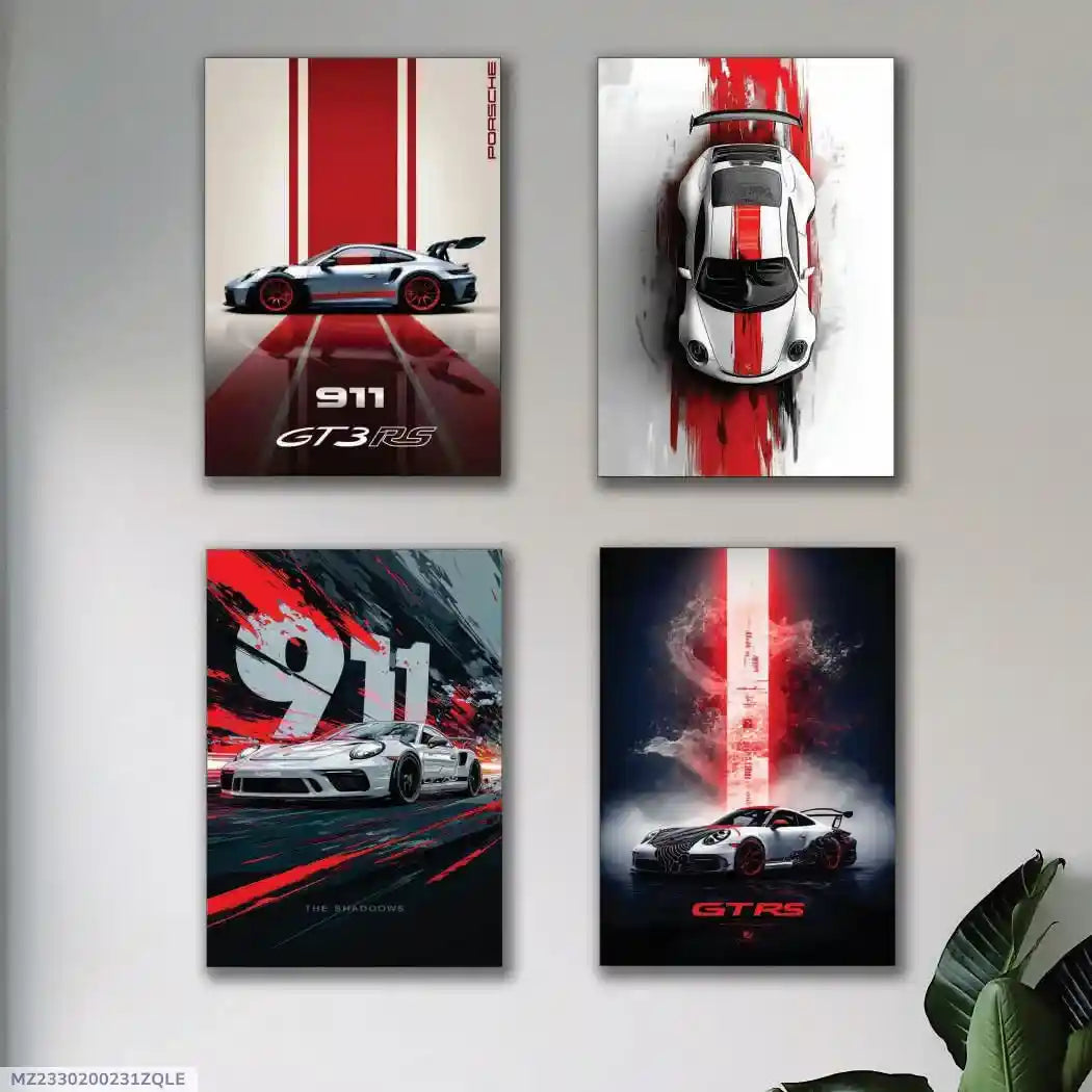 4 Pcs Luxury Car Wall Art Painting Set – Premium MDF Wall Decor for Home & Office