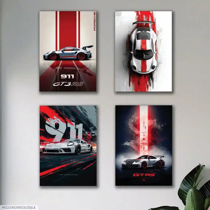 4 Pcs Luxury Car Wall Art Painting Set – Premium MDF Wall Decor for Home & Office